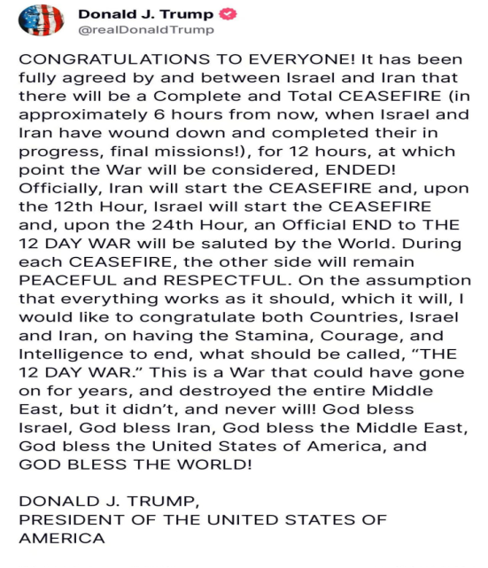 Trump: Israel e Irã concordaram em um cessar-fogo completo e total